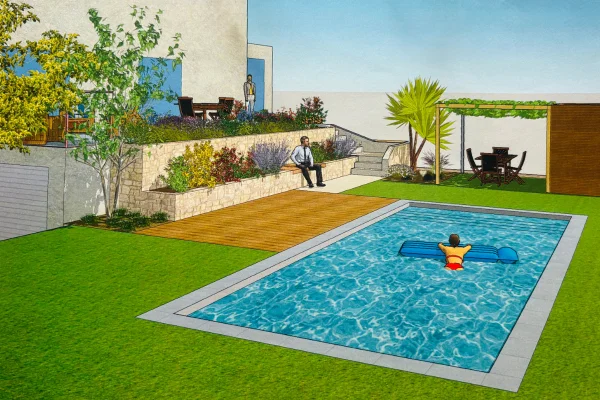 Rendu 3D d’un aménagement paysager avec piscine dans un jardin à Marseille