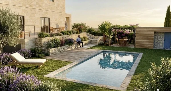 Conception 3D d’un jardin avec piscine et pool house dans un jardin à Marseille